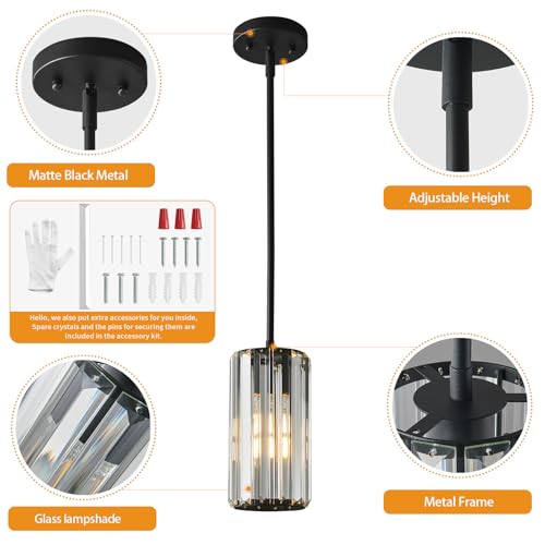 Black Pendant Lighting Modern Pendant Light Mini Crystal Chandeliers Adjustable Pendant Light Fixture for Kitchen Island Dinning Room Corridor Bedroom (3 Count)