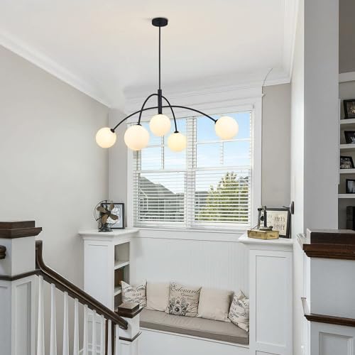 Mid Century Chandelier Black Ceiling Light 5 Light Sputnik Light Fixture with White Glass Globe Adjustable Modern Sputnik Chandelier for Dining Room Kitchen Bedroom…