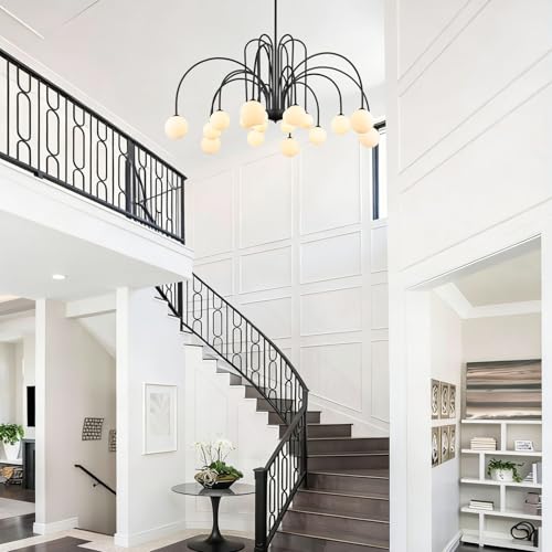 Black Sputnik Chandelier with Milk Glass Globe 18 Lights L59 Inch