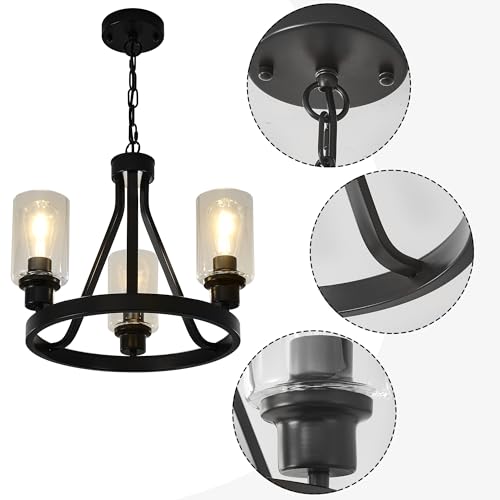 Black Farmhouse Chandelier Lighting Round 3 Lights with Glass Shade Ceiling Hanging Vintage Rustic Light Fixture for Dining Room Living Room Foyer Porch Kitchen Island