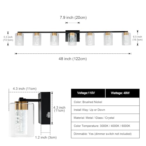 7 Light Black and Gold Vanity Light with 3 Color Modes