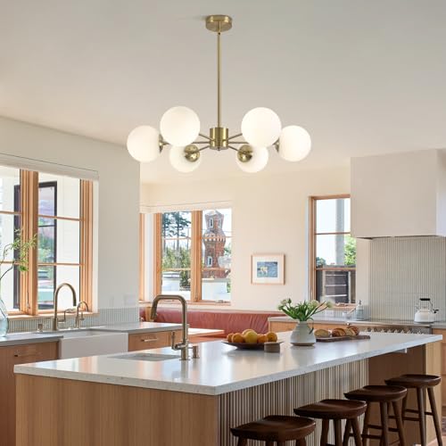 6 Light White Milk Glass Chandelier Brass Gold Sputnik Ceiling Light