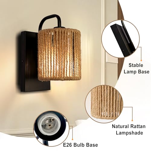 Boho Wall Sconce Rattan Wall Light Fixtures Hemp Rope Sconces