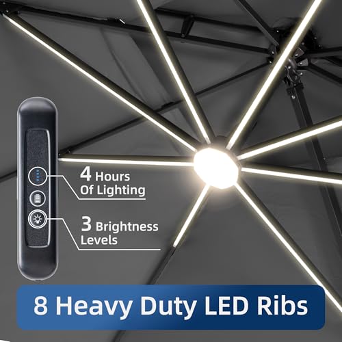 10x13FT Patio Cantilever Outdoor Offset Umbrella with LED Lights