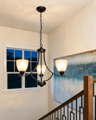 3 Light Shaded Contemporary Chandeliers with Alabaster Glass Black Rustic Light Fixtures Ceiling Hanging Mid Century Modern Pendant Lighting for Bed Room Dining Room Foyer Living Room