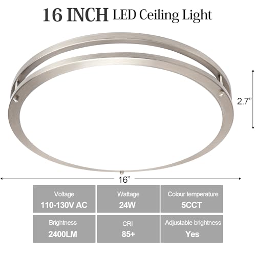 16inch LED Flush Mount Ceiling Light Fixture Dimmable Brushed Nickel (2 Count)