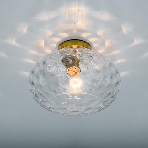 Brass Gold Semi Flush Mount Ceiling Fixture 11" Clear Hammered Glass Shade Modern Close to Ceiling Lighting 1