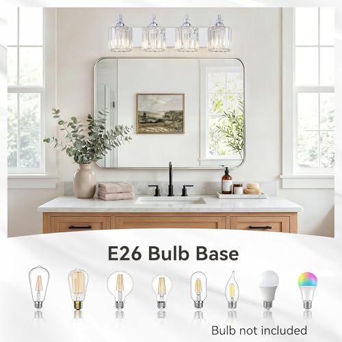 4 Light Modern Bathroom Light Fixture Chrome Bathroom Vanity Lights Over Mirror Wall Sconce Lighting with K9 Crystal Shades E26 Base for Bedroom