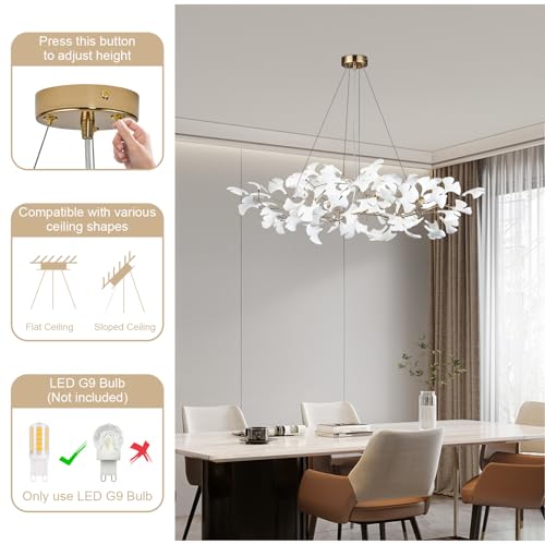 Tree Branch Chandelier White Ceramic Ginkgo Leaf Chandeliers L47 Inch Brass Rectangle Chandelier Large Luxury Hanging Lights Fixture for Dining Room Living Room