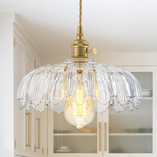 EDSILIVE Vintage Flower Glass Pendant Lights Kitchen Island 9.84" Antique Flower Clear Glass Hanging Ceiling Light Fixture with Adjustable Brass Twine Wire for Dining Room Kitchen Table