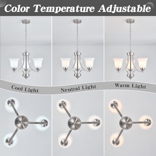 3 Lights Farmhouse Chandelier Brushed Nickel Modern Dining Room Light Fixture Silver Adjustable Ceiling Hanging Pendent Lighting with Frosted Glass for Kitchen Island