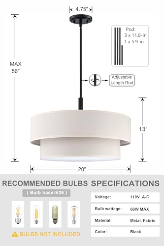 4 Light 20 Inch Cream Fabric Shade Hanging Pendant Ceiling Light Fixture