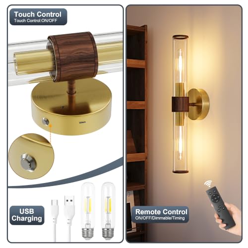 Gold Walnut Battery Operated Wall Sconces Set of 2