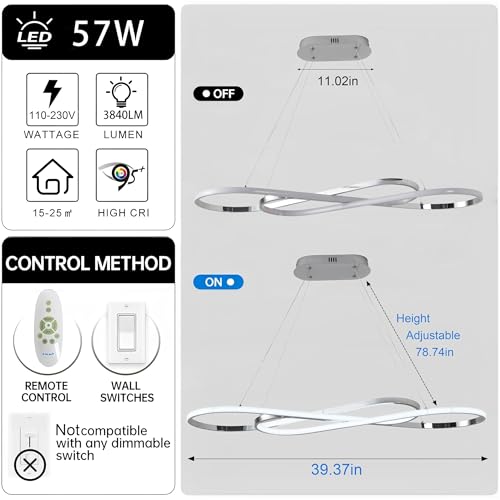 Minimalist Dimmable LED Pendant Chandelier with Remote Control | Sleek ceiling hanging light fixture, decorative lamp over table, suitable for kitchen island and dining room indoor lighting