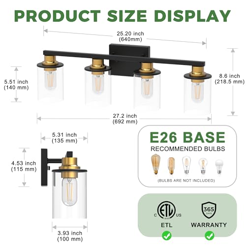 4 Light Black and Gold Bathroom Vanity Light Fixture Over Mirror