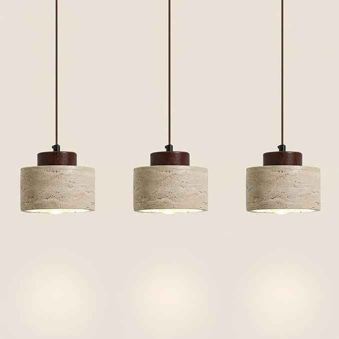 Set of 3 Japanese Travertine Hanging Lamps, Cylinder Natural Stone Pendant Lights Kitchen Island Adjustable Small Chandelier for Dining Room Bedside(Walnut,12cm/4.72in)