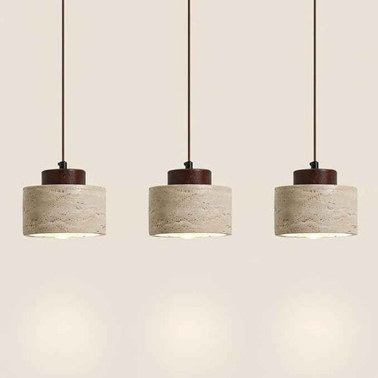Set of 3 Japanese Travertine Hanging Lamps, Cylinder Natural Stone Pendant Lights Kitchen Island Adjustable Small Chandelier for Dining Room Bedside(Walnut,12cm/4.72in)
