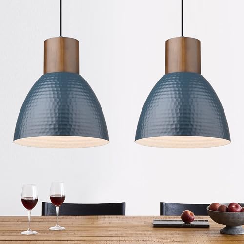 2 Pack Modern Hammered Pendant Lights 10.2” Blue Solid Wood Hanging Lamp (2 Count)