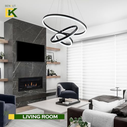 3 Rings Modern LED Chandelier Black Dimmable Pendant Lighting with Remote Control Circular Flush Mount High Ceiling Light for Dining Room Living Room Entrance Foyer