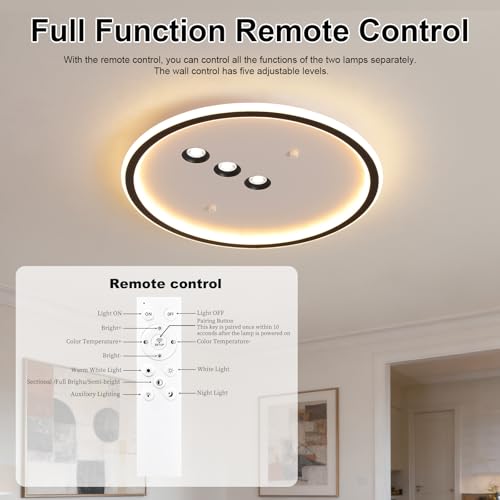 Modern Round LED Flush Mount Ceiling Light with Black Finish & 3 Spotlights