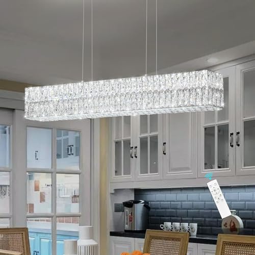 40 Inch Glam Crystal Chandelier Modern Dimmable Crystal Chandeliers LED Rectangular Ceiling Light Fixtures for Dining Room Living Room Silver