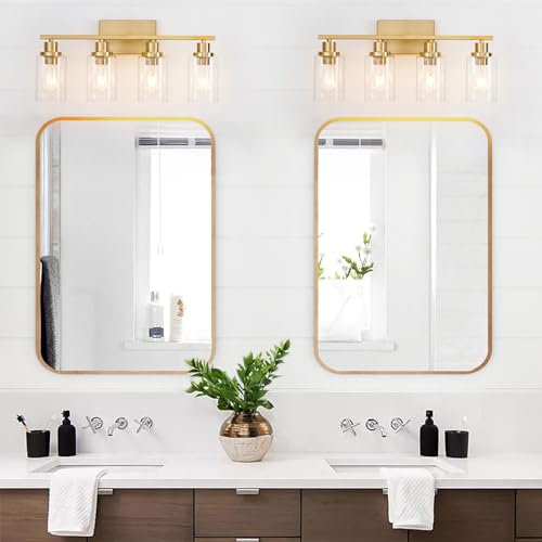 4 Light Gold Bathroom Light Fixtures Brushed Brass Vanity Light Over Mirror Modern Farmhouse Wall Lighting Sconces Wall Lamp for Bathroom