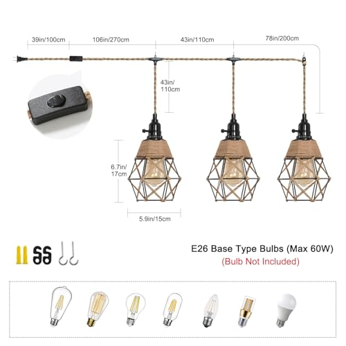 3 Light Hanging Light with Plug in Cord