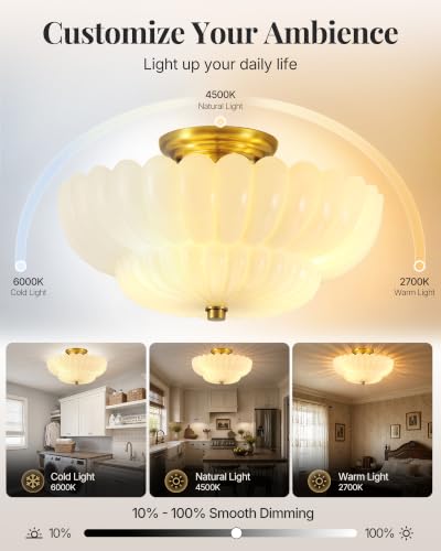 Semi Flush Mount Ceiling Light Fixture 14" Vinatge Gold Ceiling Lights Mid Century Modern Milk White Glass Close to Ceiling Lighting Fixtures for Bedroom Hallway Kitchen Laundry Room Bathroom