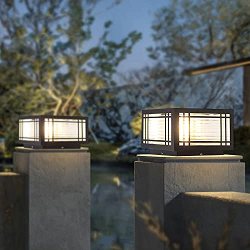 Outdoor Post Caps Lights Modern Square Fence Pillar Lamps Waterproof Lawn Column Cap Lamp Courtyard Stainless Steel Housing Light Deck Post Light Fixture with Pier Mount Yard Pedestal Light