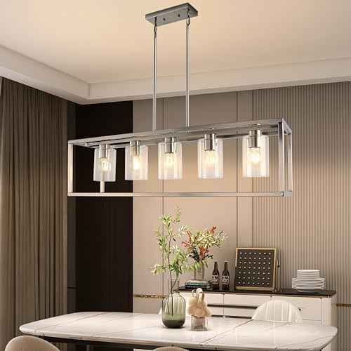 5 Light Chandeliers for Dining Room, Island Room Light Fixture | Sliver Modern Industrial Kitchen Lighting Fixtures Ceiling Easy Installation Pendant Lights for Bar Restaurant-E26 Socket