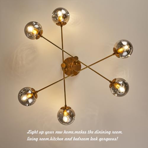 6 Lights Gold Sputnik Ceiling Light Fixture Modern Globe Glass Chandelier