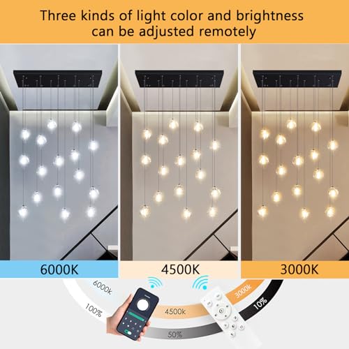W27.6 x D11.8 x H118 Rectangular Glam Chandelier Bubble Crystal Ceiling Pendant Lights Dimmable High Ceiling Chandeliers Fixtures Adjustable Long Lights Black