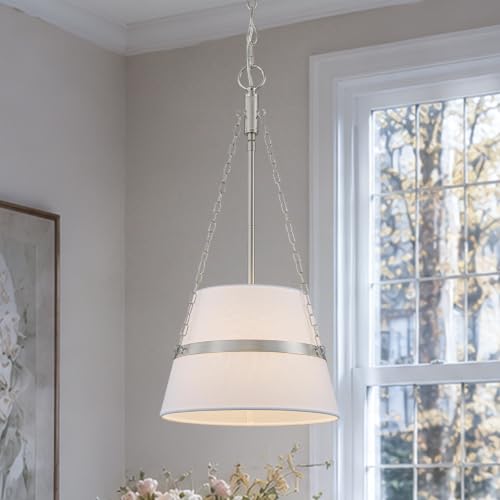 11.4" Brushed Nickel Drum Pendant Lights Kitchen Island White Fabric Shade