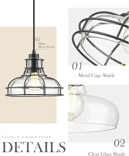 2PK 8.7" Industrial Pendant Lights with Glass Shade & Metal Cage (2 Count)