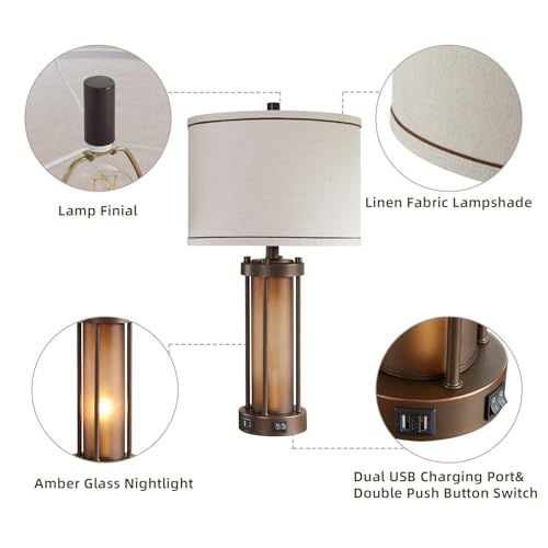 Farmhouse Table Lamps for Living Room with USB C+A Ports
