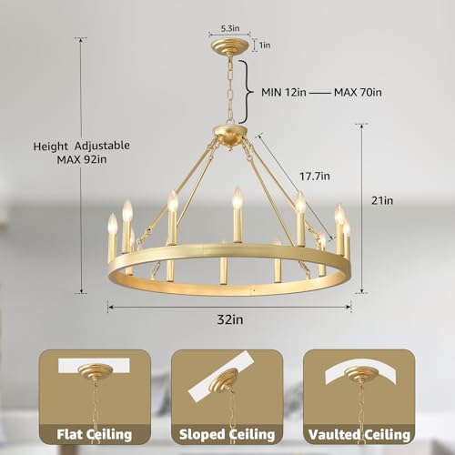 Gold Wagon Wheel Chandelier 32" 12