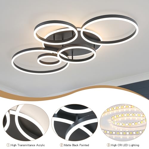 Black Flush Mount Ceiling Light Dimmable Dining Room Light Fixture Round 6 Rings Modern LED Ceiling Light with Remote Control 47" Kitchen Lighting Fixture Ceiling Lamp for Living Room