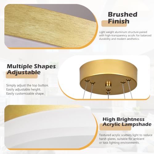 Modern Gold Led Chandelier 2 Rings Dimmable LED Chandeliers with Remote Control Light Fixture for Kitchen Island Height Adjustable Chandelier Led Pendant Light for Living Room Dining Room