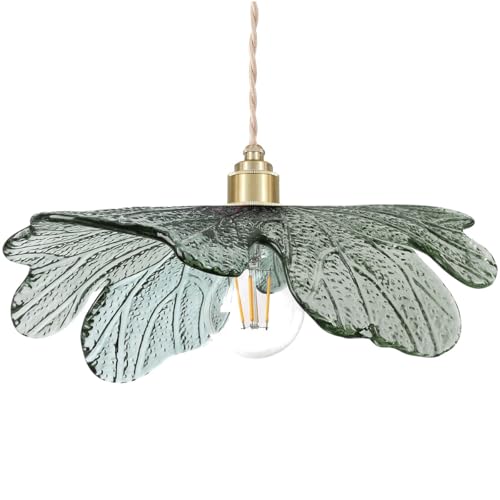 15.74" Large Glass Pendant Lights Dark Green Leaf Shade for Kitchen