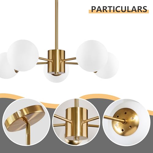 5 Light Globe Sputnik Chandelier Mid Century Sputnik Chandeliers Modern Gold Globe Pendant Light Brushed Brass Finished with White Frosted Glass Lampshade for Dining Room Bedroom Kitchen