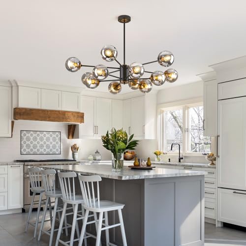 12 Globe Glass Bubble Black and Gold Modern 2 Tiered Sputnik Chandelier