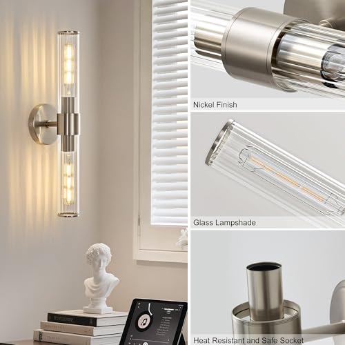 Hardwired Nickel Bathroom Vanity Light Threaded Glass Wall Sconce