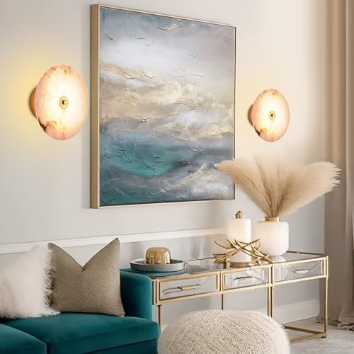 Round Alabaster Wall Sconce Natural White Marble Sconces Set of Two