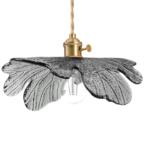 Vintage Ceiling Pendant Light with Gray Glass Flower Shade Farmhouse Hanging Light in Brushed Brass Gold