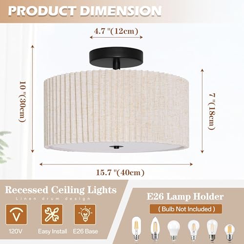 3 Light Semi Flush Mount Ceiling Lights Fixture 16 Inch Drum Light Fixture Drum Ceiling Lights with Pleated Fabric Shade Black Close to Light Fixtures for Hallway Living Room