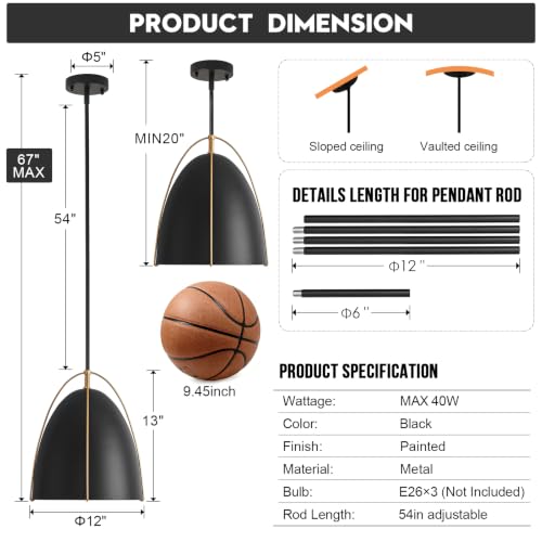 Black Dome Pendant Light 3 Light Socket Large Pendant Light Fixture with Adjustable Pendant Rod 12in Black Gold Pendant Lighting for Kitchen Island Dining Room Kitchen Sink
