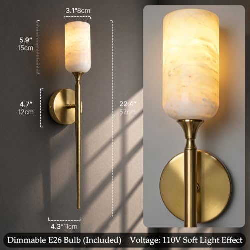 Natural Alabaster Wall Sconce Gold Marble Bathroom Vanity Sconce Dimmable