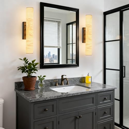 Natural Alabaster Wall Sconces Set of Two Spanish Marble Wall Light Cylinder Modern Black LED Sconce for Living Room Bedroom Bathroo Stairs（S (2 Count)
