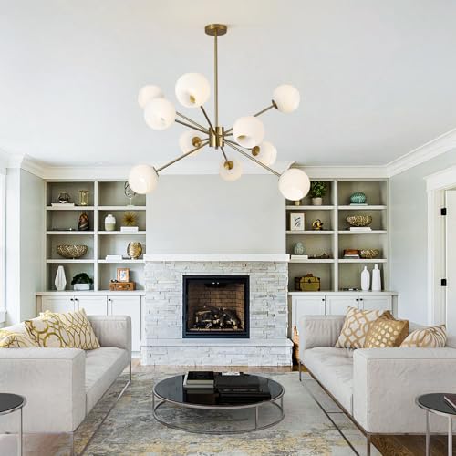 White Milk Glass Hanging Chandelier 10 Lights Mid Century Modern Globe Sputnik Chandelier Gold Pendant Light Fixture Frosted Glass Large Adjustable Dining Room Ball Hanging Chandelier