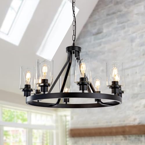 8 Light Black Dining Room Light Fixtures Farmhouse Wagon Wheel Chandelier Kitchen Island Pendant Lights Modern Industrial Rustic Adjustable Height Metal E26